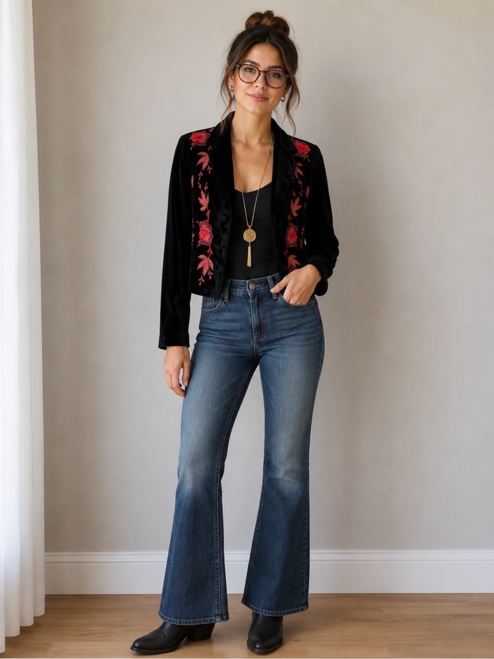 Ett:twa by Anthropologie Cropped Velvet Floral Embroidered Jacket/Blazer